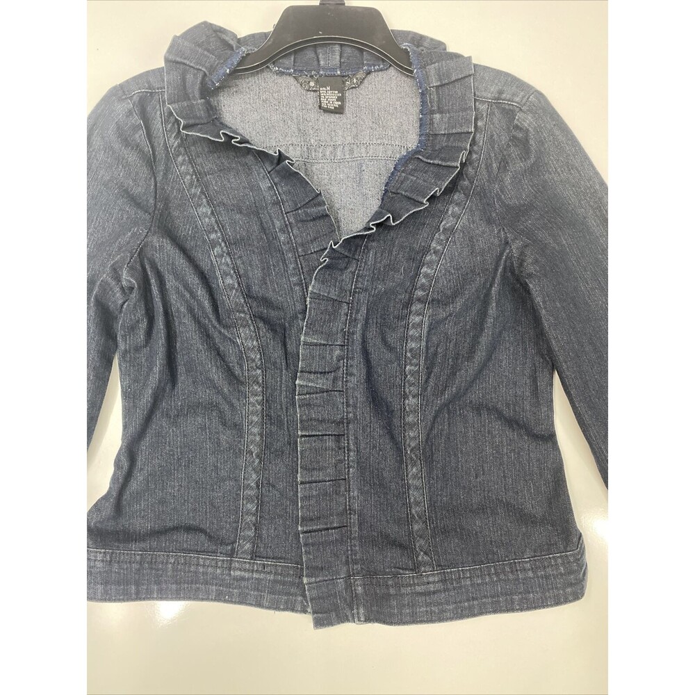 Baccini Denim Jacket Womens Size M Cotton Stretch Ruffled Open Front Dark Wash - Picture 6 of 12